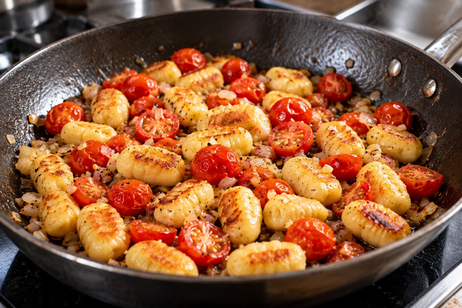 Goldbraun gebratene Gnocchi mit Kirschtomaten in der Pfanne